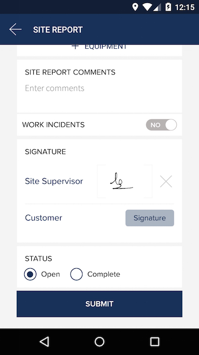 site report screen of the job reporting mobile app