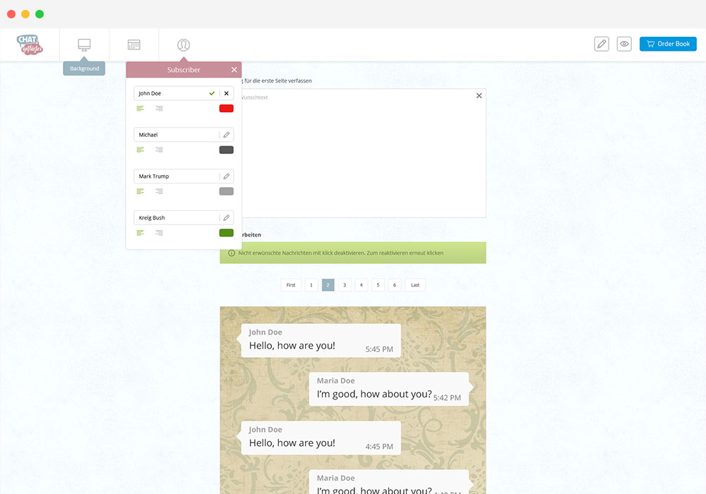 WhatsApp chat print customization screen in chat gefluster website