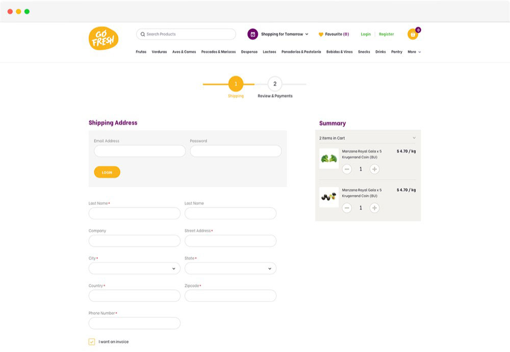 Address details screen of the ecommerece grocery website