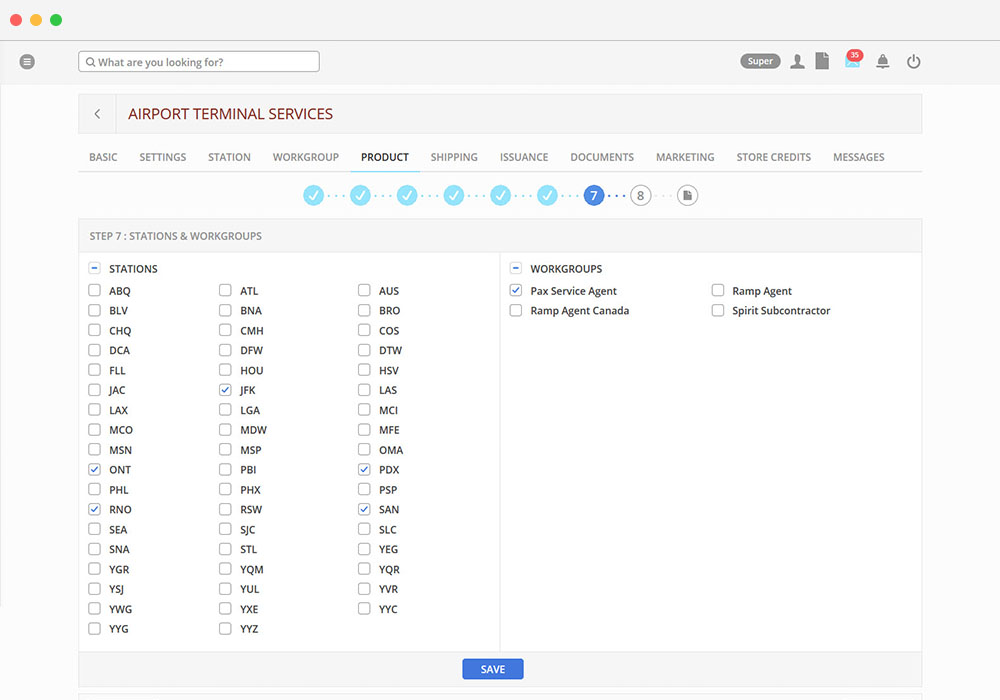 Airport terminal services page of Incentex Web app