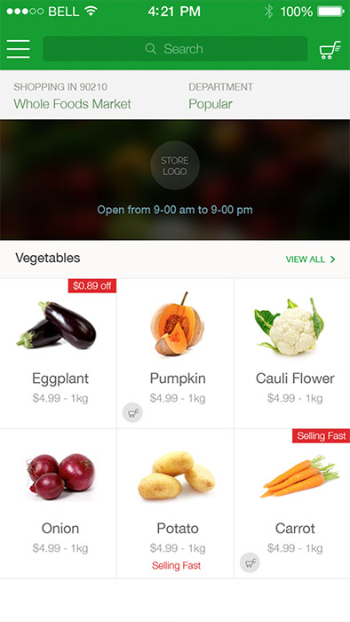 vegetable shopping page of online grocery shopping mobile app