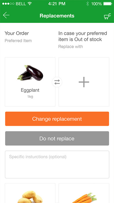 vegetable replacement page of online grocery shopping mobile app