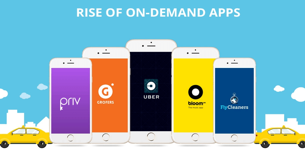 Illustration about different on demand startup apps with text written rise of on demand apps